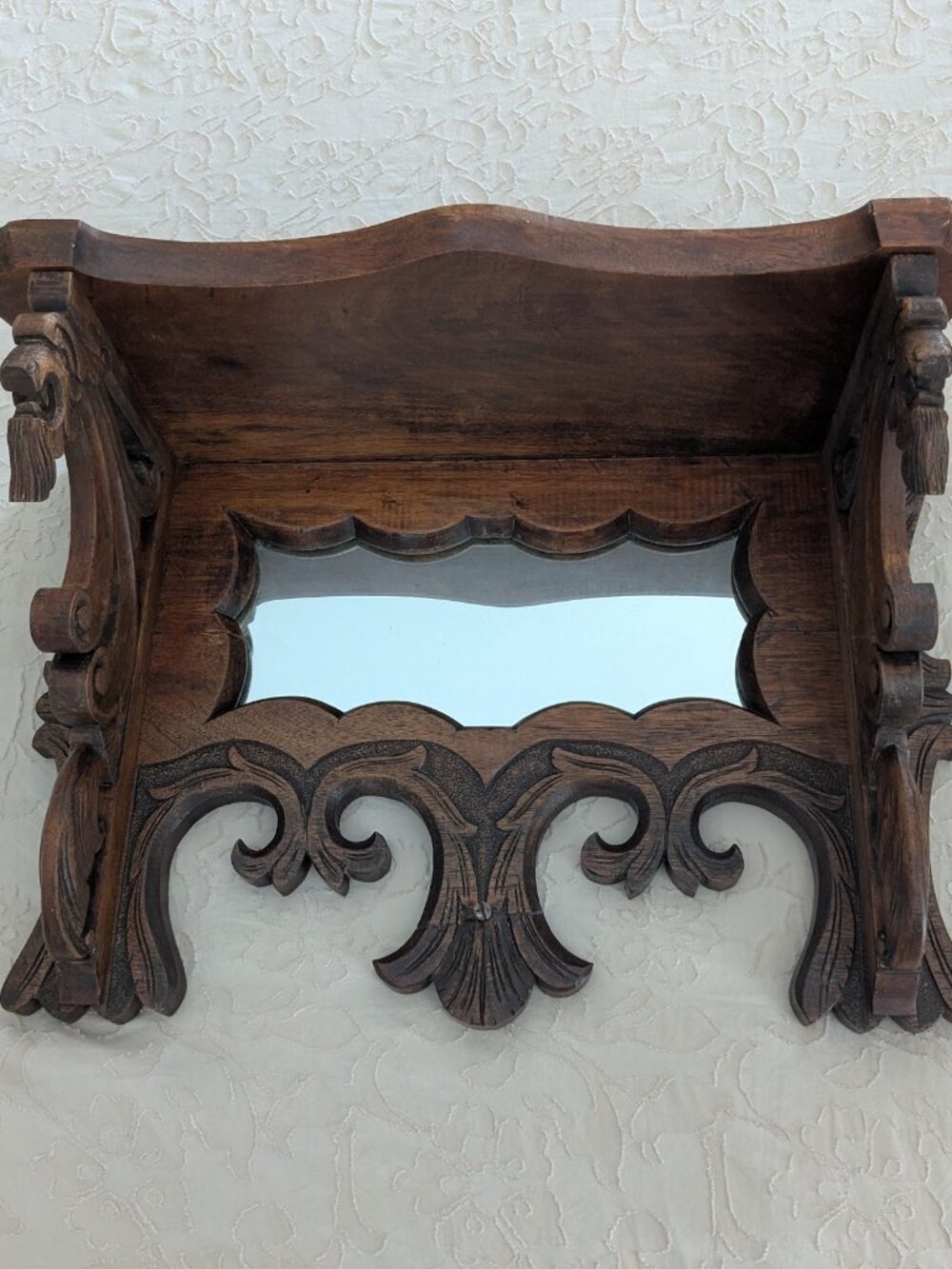 Antique Renaissance Revival Hand-Carved Wooden Wall Shelf/Mirror